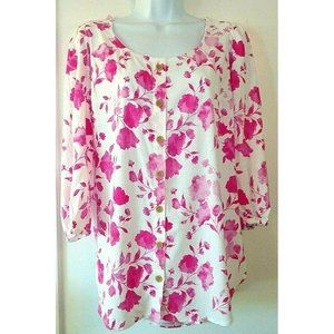TORRID NWT 1X or 2X White Rayon w/ Pink Floral 3/4" Sleeve Button Front Blouse